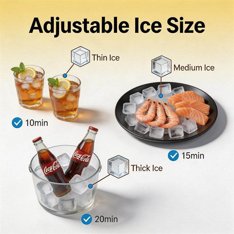 Silver Stainless Steel Ice Maker 100 Lbs Daily 33 Lbs Storage Bin Self Cleaning 6 Ice Thickness Levels LED Light