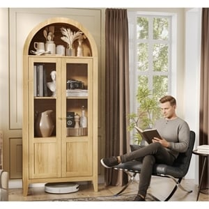 Light Brown Tall Arched Cabinet with Glass Doors Storage Cabinet Engineered Wood Display Cabinet for Kitchen Dining Room Living Room Anti Tip Design