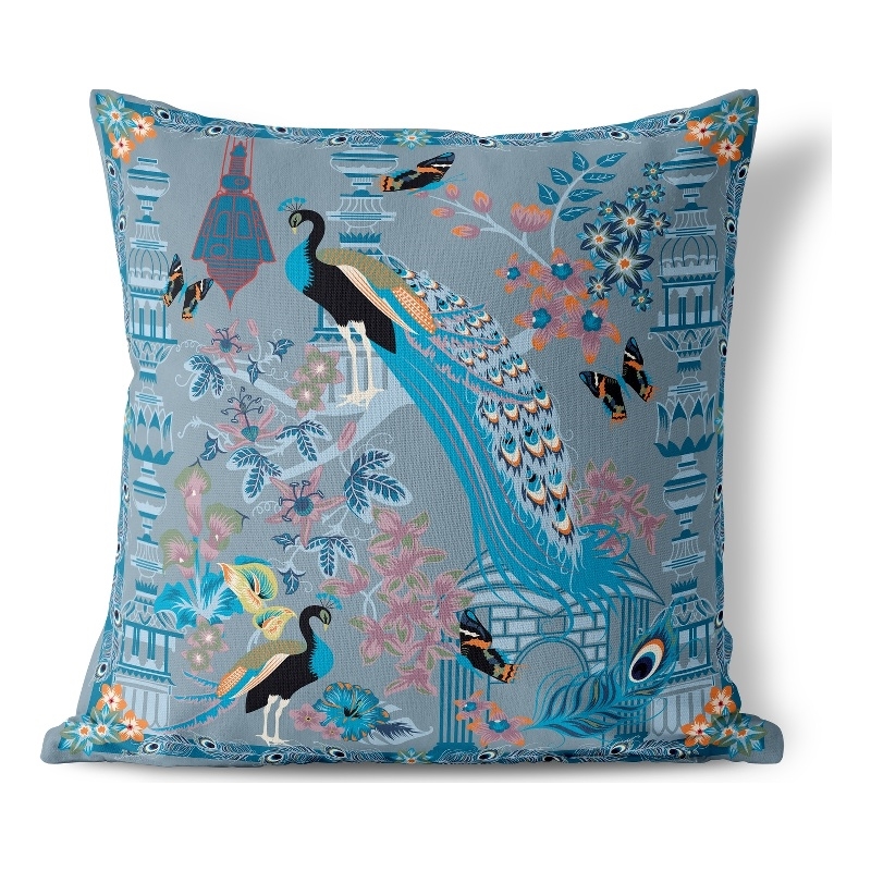 Peacock Paradise Faux Suede Throw Fabric Pillow in Blue 16x16