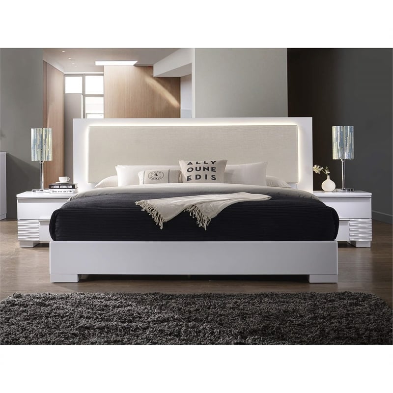 Best Master Athens Eastern King Platform Bed with LED Lighting in White Lacquer