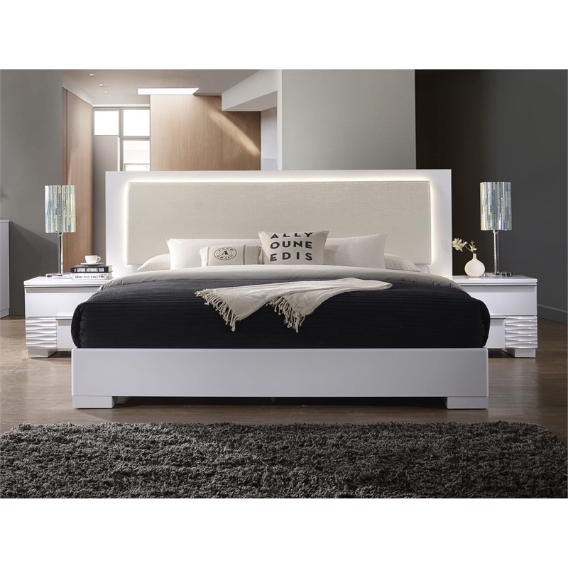 Best Master Athens Queen Platform Bed with LED Lighting in White Lacquer