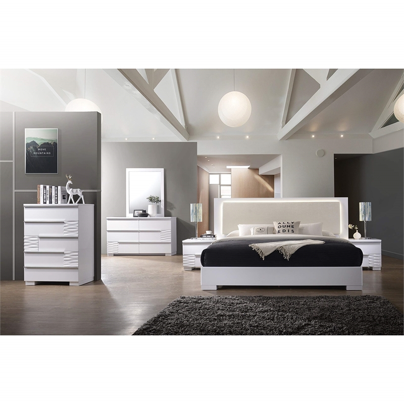 Best Master Athens Queen Platform Bed with LED Lighting in White Lacquer