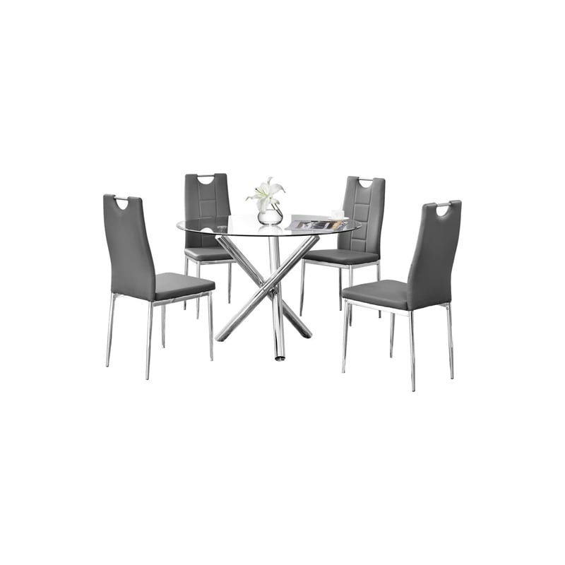 Best Master Beverly 5-Piece Faux Leather Round Glass Dinette Set - Gray