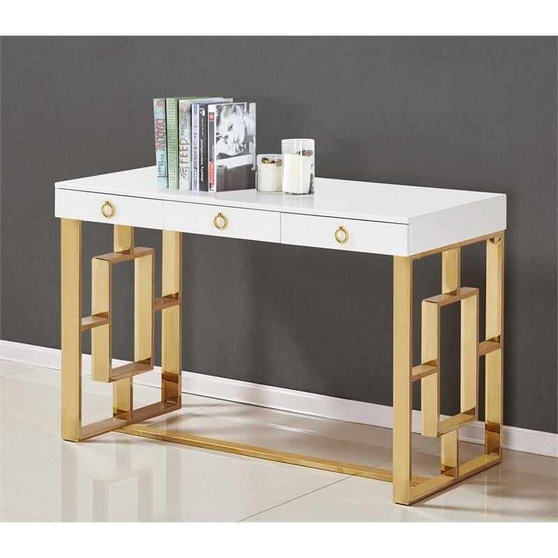 Best Master Brooks 3-Drawer Wood and Stainless Steel Frame Writing Desk - Gold