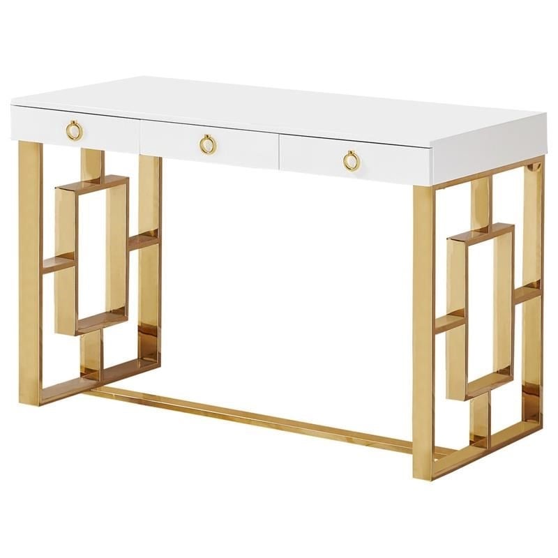 Best Master Brooks 3-Drawer Wood and Stainless Steel Frame Writing Desk - Gold