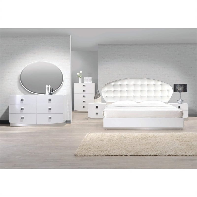 Best Master France Faux Leather California King Platform Bed in White High Gloss
