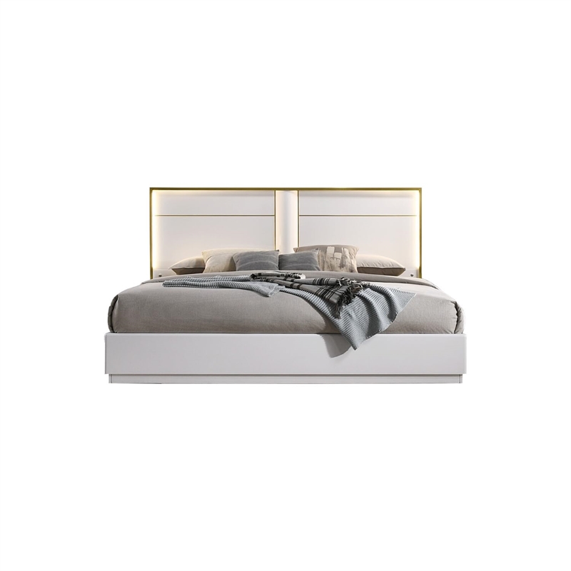 Best Master Havana Poplar Wood Queen Platform Bed in White with Gold Trim