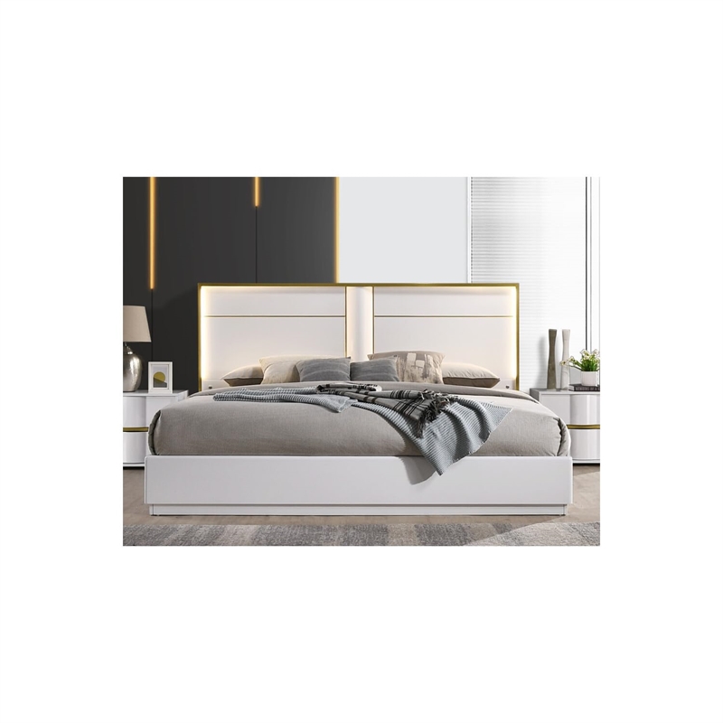 Best Master Havana Poplar Wood Queen Platform Bed in White with Gold Trim