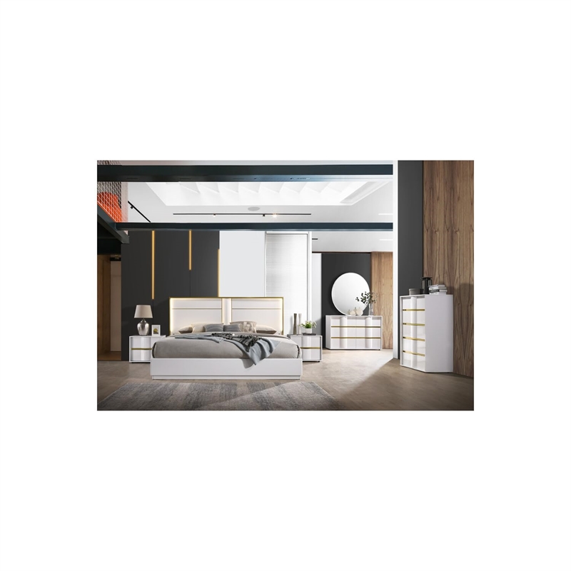 Best Master Havana Poplar Wood Cali King Platform Bed in White with Gold Trim