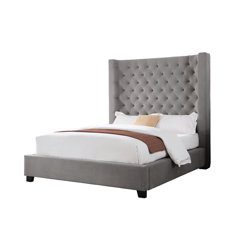 Best Master Jamie Velvet Upholstered Tower High Profile Cal King Bed in Gray