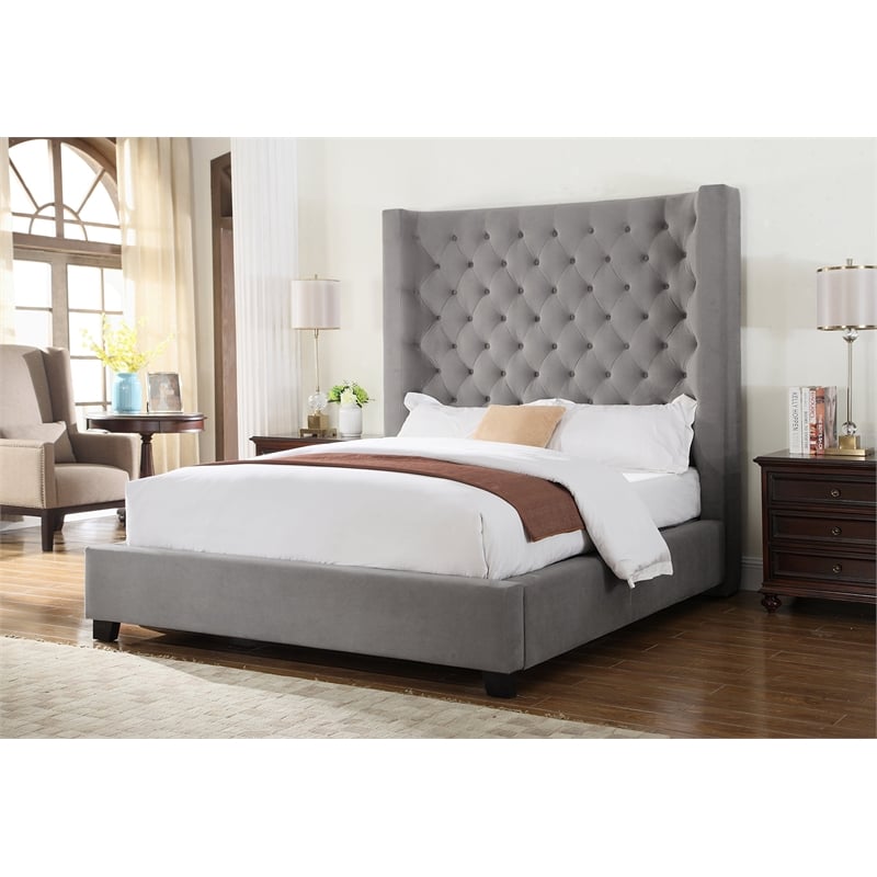 Best Master Jamie Velvet Upholstered Tower High Profile East King Bed in Gray