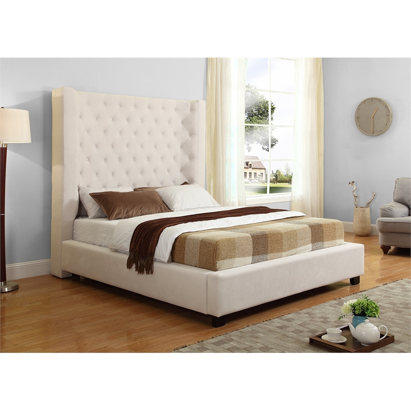 Best Master Jamie Velvet Upholstered Tower High Profile East King Bed in Cream