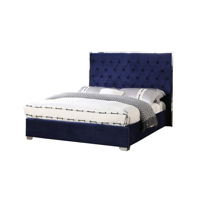Best Master Kressa Velour Fabric Tufted Cali King Platform Bed in Blue