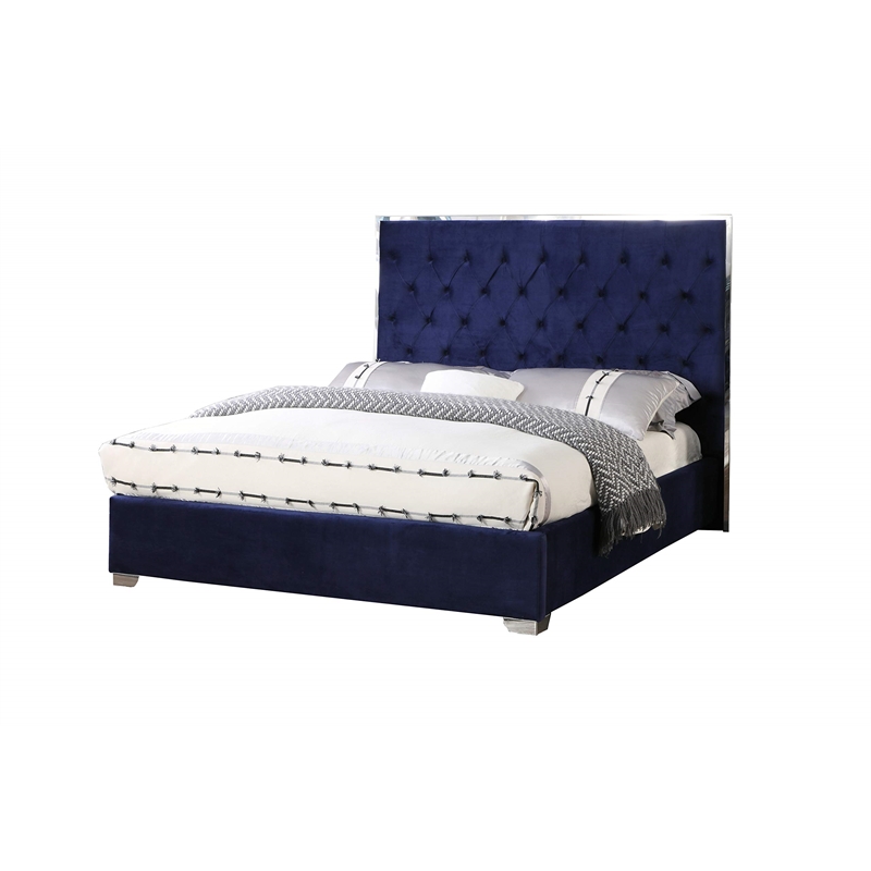 Best Master Kressa Velour Fabric Tufted Cali King Platform Bed in Blue