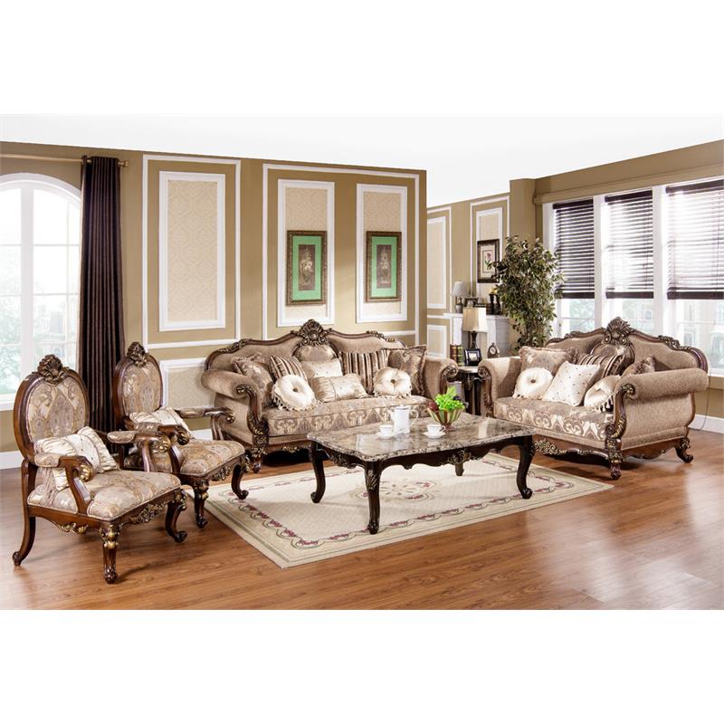 Best Master Winfrey Solid Wood and Chenille Sofa in Cherry/Gold Trim ...