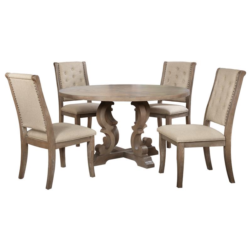 5 Piece Solid Wood Round Dining Set, Natural Wood Round Dining Room Table