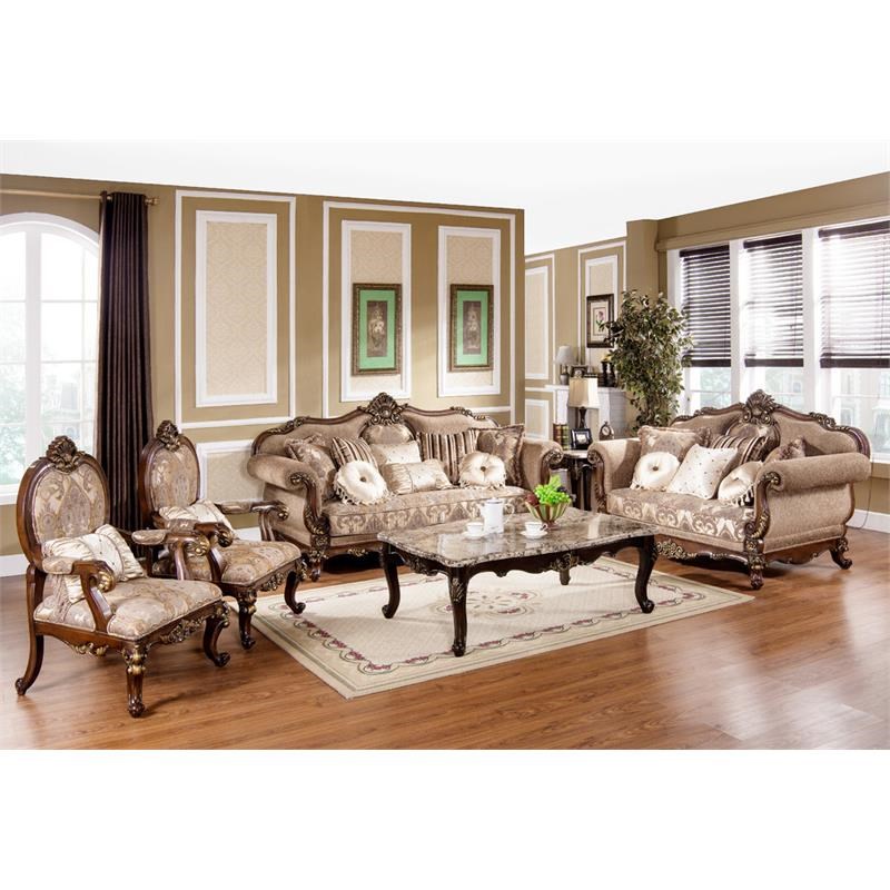 Best Master Winfrey Solid Wood and Chenille Loveseat in Cherry/Gold Trim