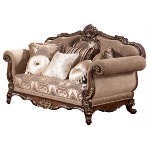 best master winfrey solid wood and chenille loveseat in cherry/gold trim