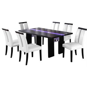 best master zendaya 7-piece faux leather dining set in black wood/white