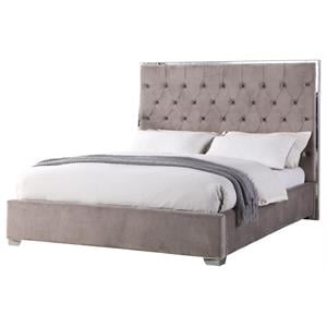 Best Master Kressa Velour Fabric Tufted East King Platform Bed in Light Gray