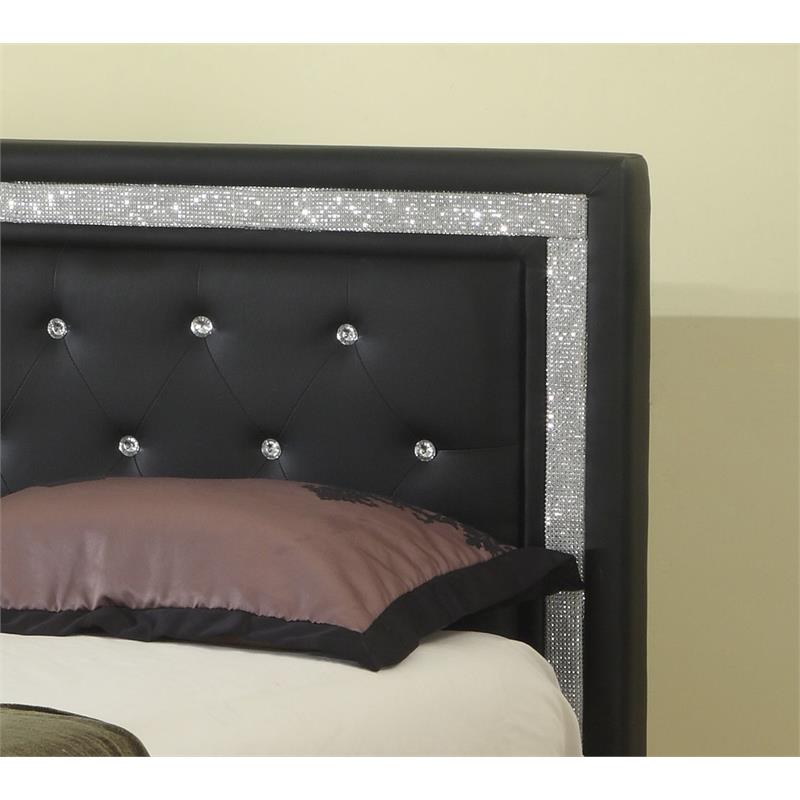 Best Master Faux Leather Queen Platform Bed with Crystal Tufted Buttons in Black