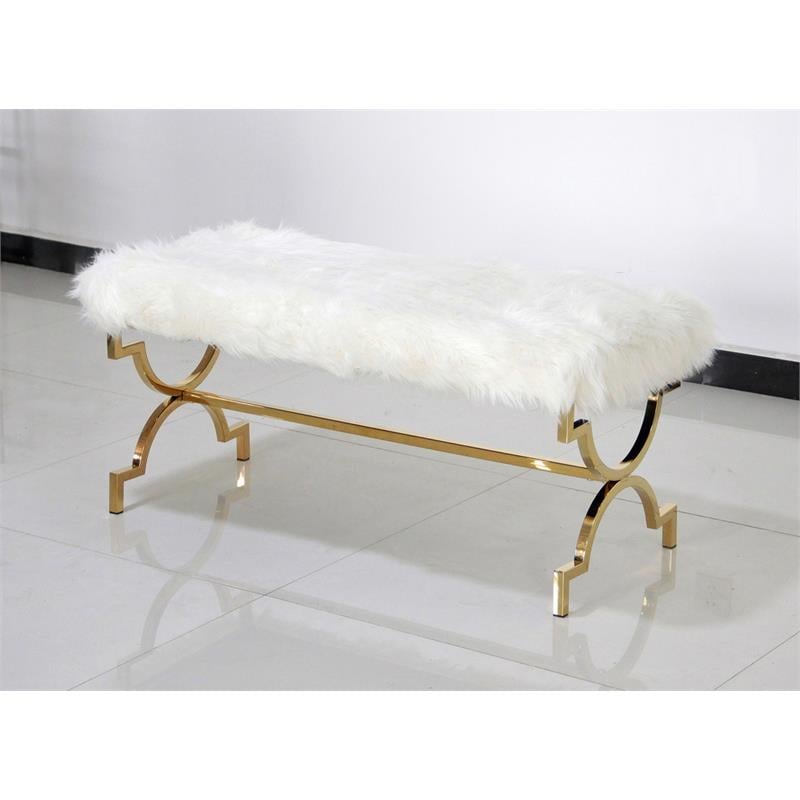Best Master Faux Fur Upholstered Bench with Stainless Steel Frame in White/Gold