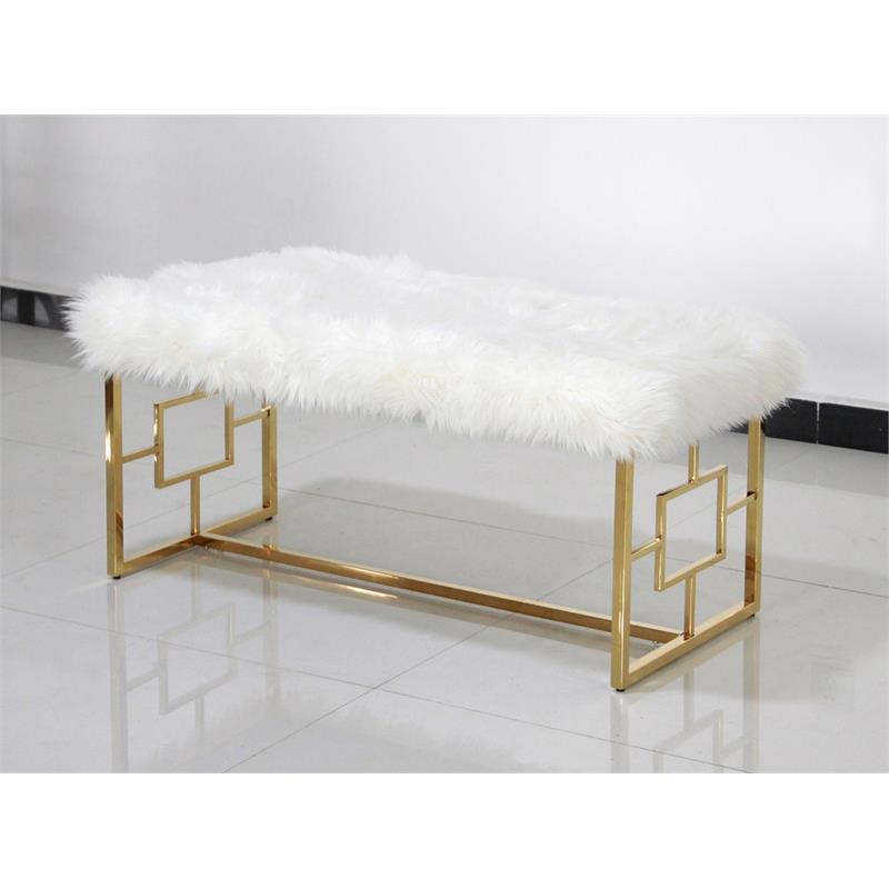 Best Master Stainless Steel and Faux Fur Bench in White/Gold
