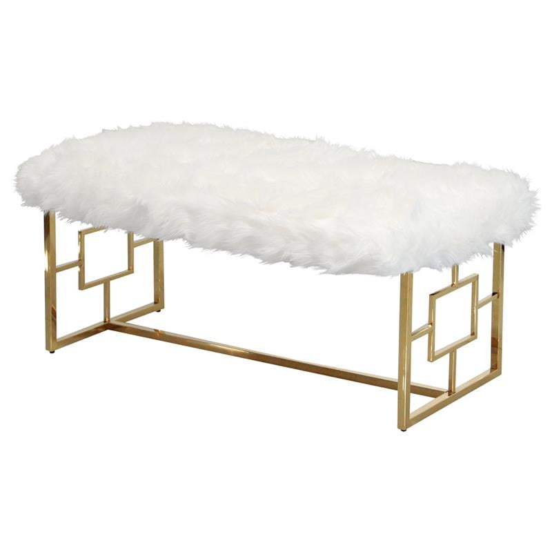 Best Master Stainless Steel and Faux Fur Bench in White/Gold
