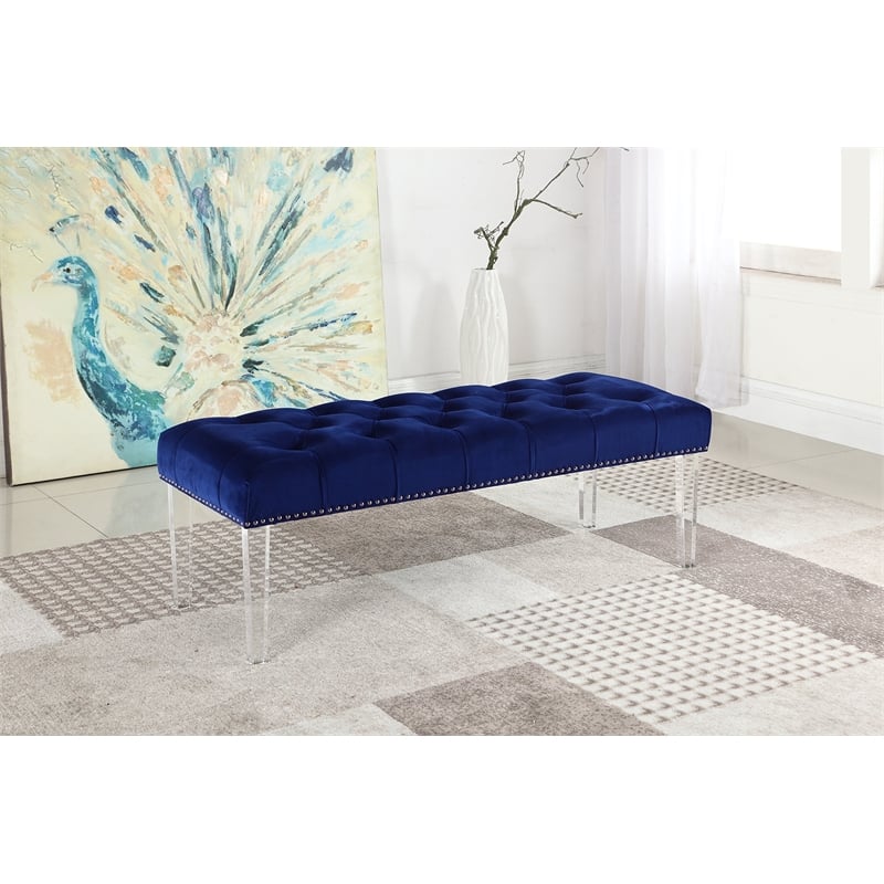 Best Master Suede Fabric Upholstered Bench in Navy Blue/Acrylic Legs