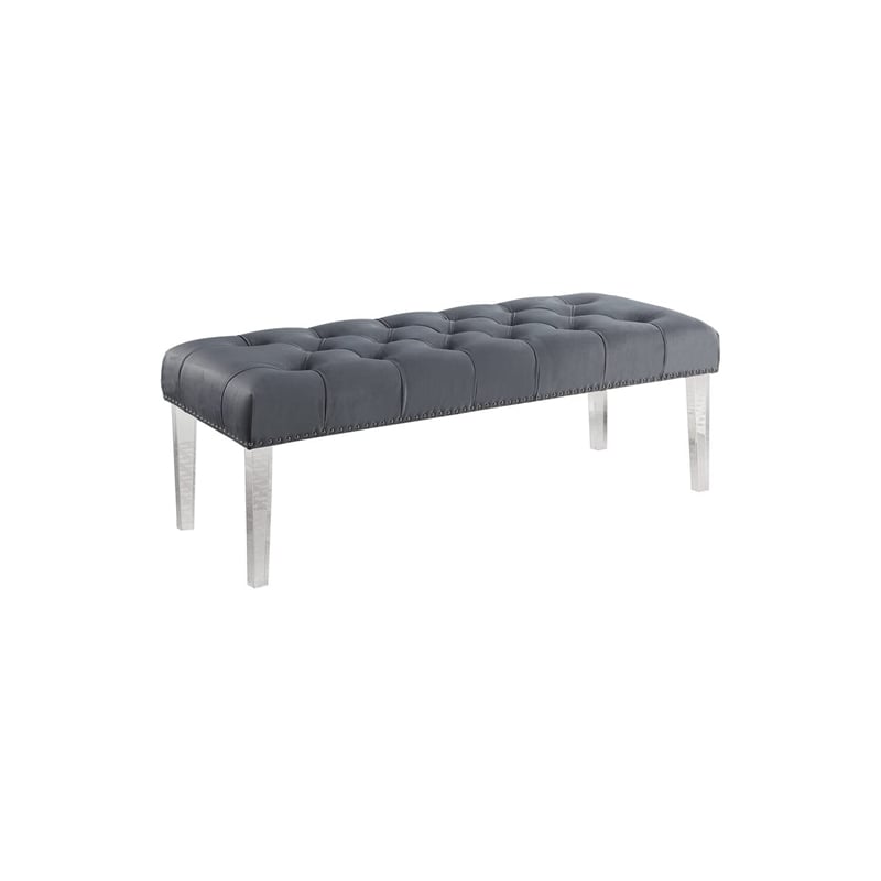 Best Master Suede Fabric Upholstered Tufted Bench in Gray/Acrylic Legs