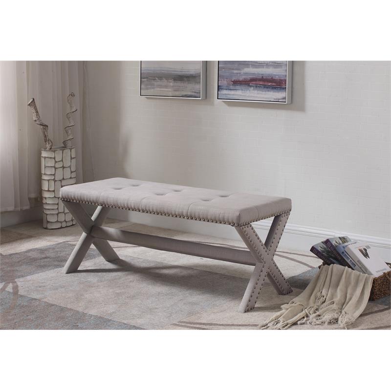 Best Master Fabric Upholstered Rectangle Accent Bench in Neutral Gray/Nail Heads