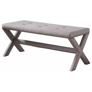 best master fabric upholstered accent bench in neutral gray/nail heads