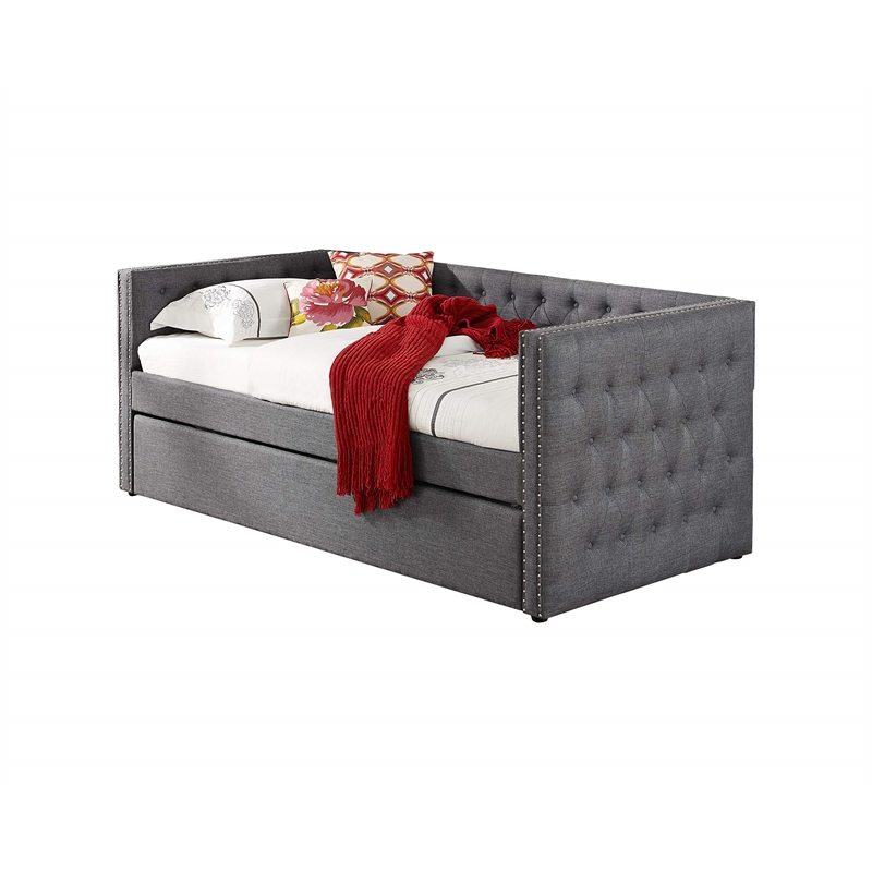 Best Master Tufted Fabric with Nailhead Twin Daybed and Trundle in Trina Beige