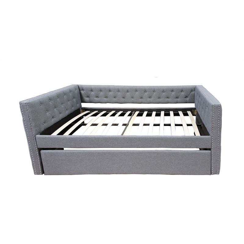 Best Master Tufted Fabric with Nailhead Twin Daybed and Trundle in Trina Beige