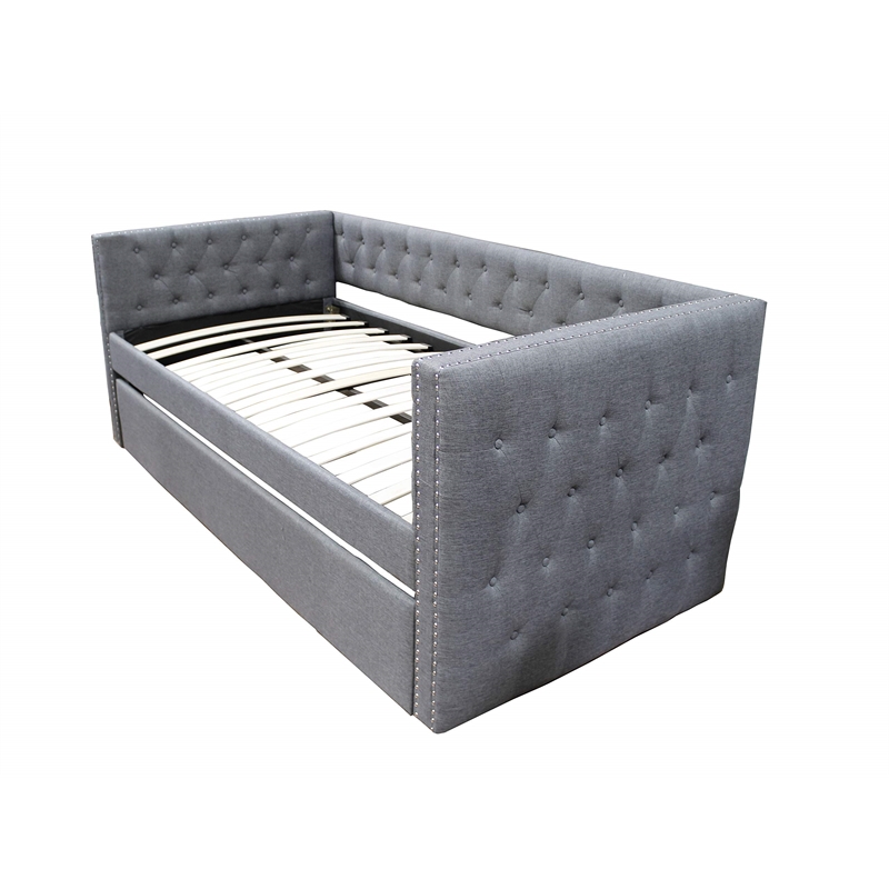 Best Master Tufted Fabric with Nailhead Twin Daybed and Trundle in Trina Beige