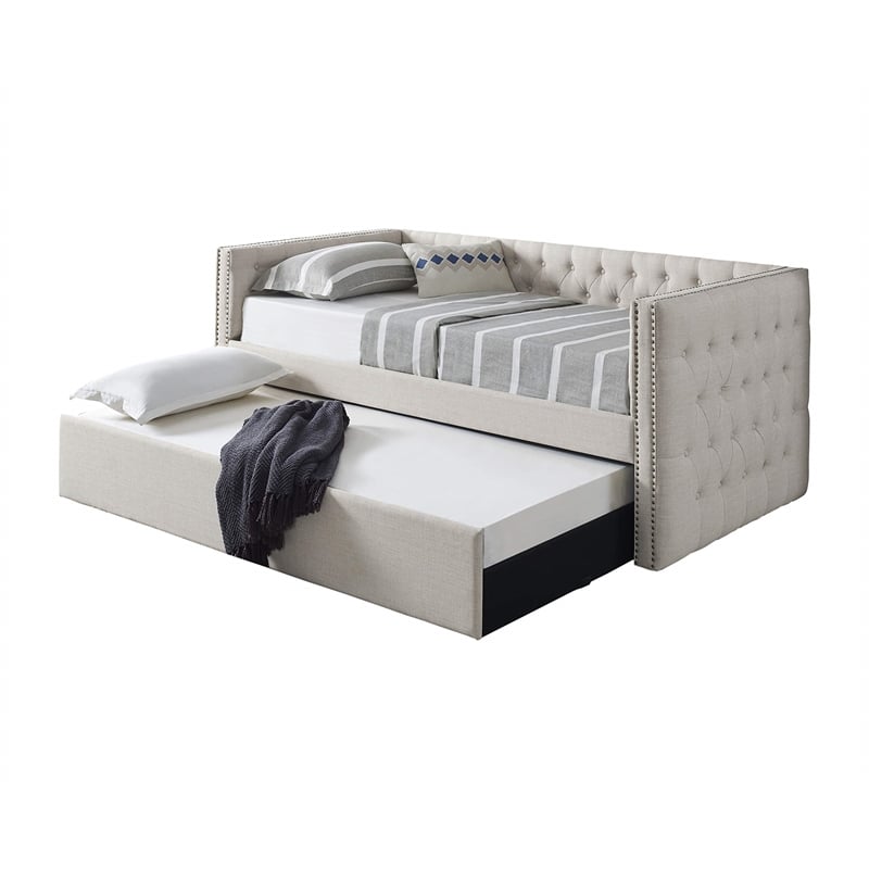 Best Master Tufted Fabric with Nailhead Twin Daybed and Trundle in Trina Beige