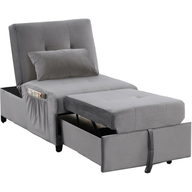 Best Master Furniture Bayani Velvet Adjustable Sleeper Lounge Chaise in Gray