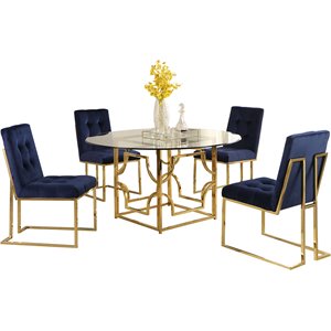 best master furniture kina 5 piece modern round glass top dining set in blue and gold