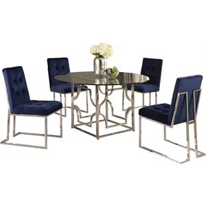 best master furniture kina 5 piece modern round glass top dining set in blue and silver