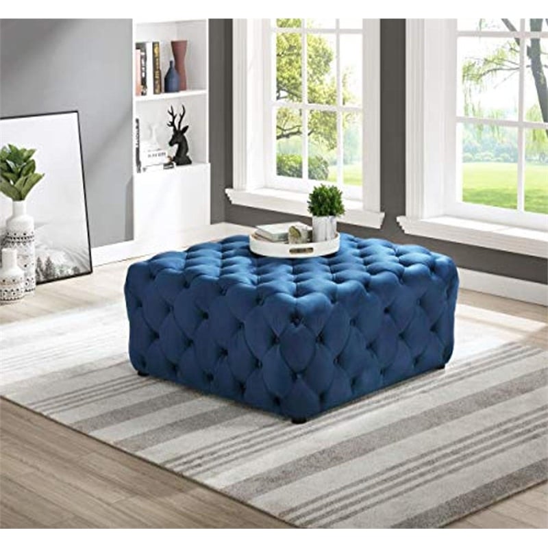 Best Master Furniture Kelly Square Transitional Velvet Fabric Ottoman in Navy