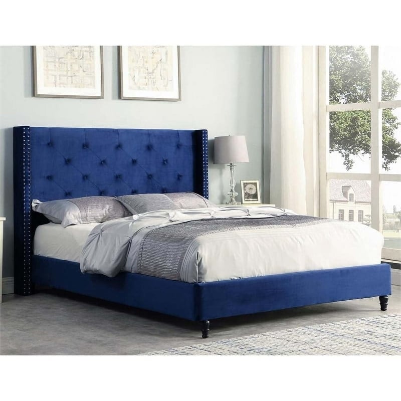Best Master Furniture Valentina Velvet Fabric Wingback Platform Full Bed in Navy