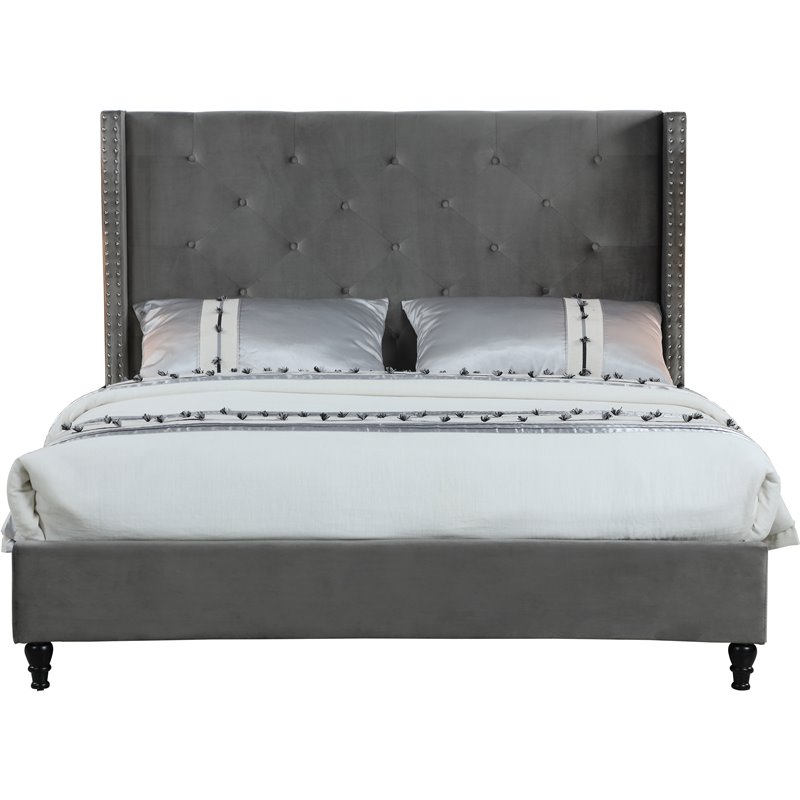Best Master Furniture Valentina Velvet Fabric Wingback Platform Full Bed in Gray