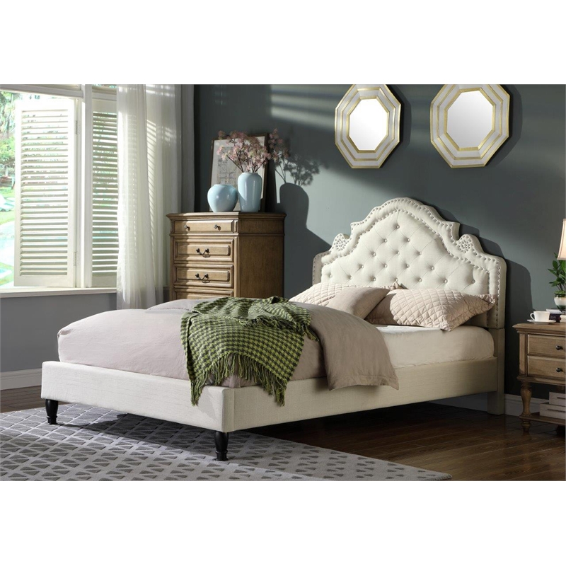 Best Master Furniture Theresa Linen Fabric King Bed with Nailhead Trim in Beige
