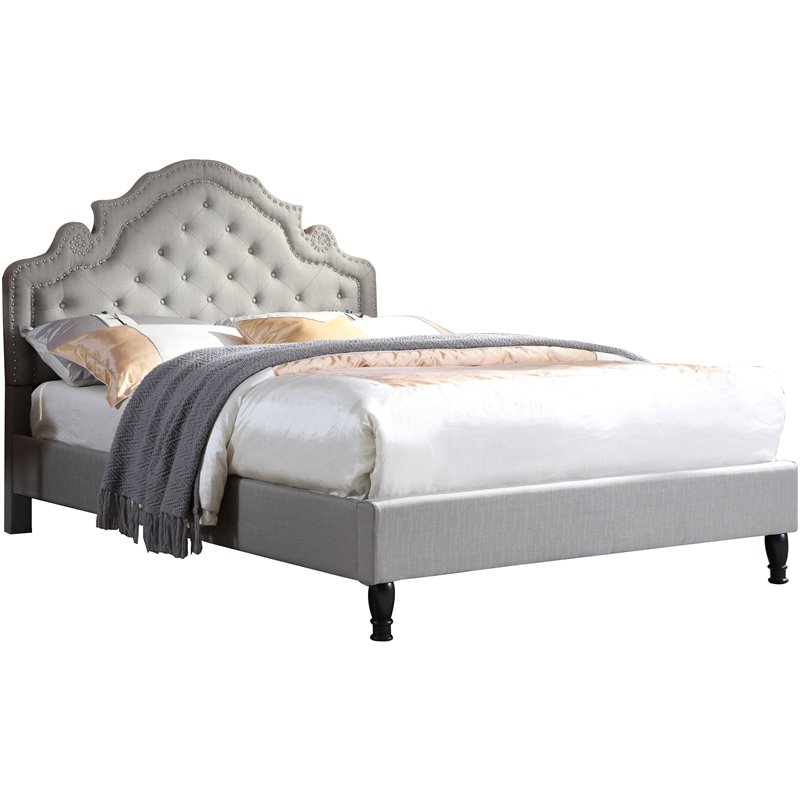 Best Master Furniture Theresa Linen Fabric Queen Bed with Nailhead Trim in Gray