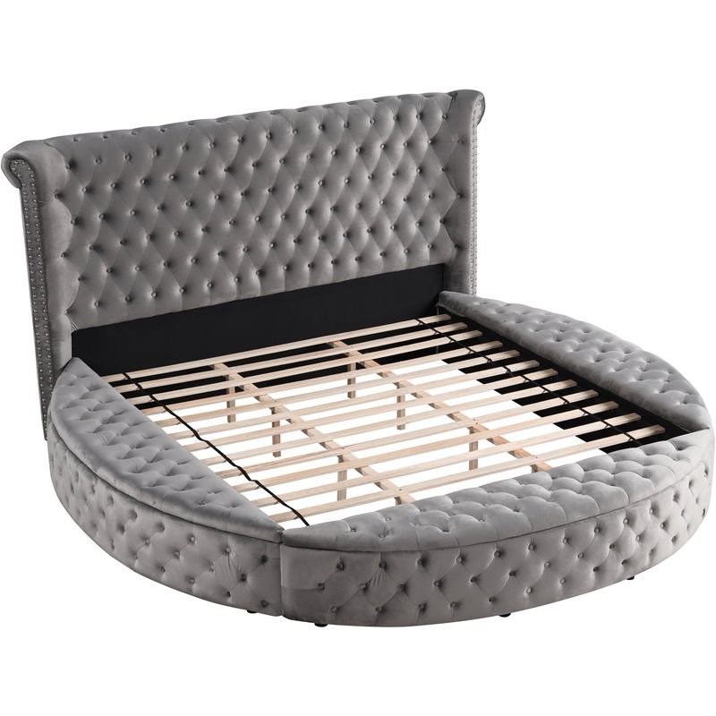 Best Master Furniture Isabella Tufted Velvet Round California King Bed in Gray