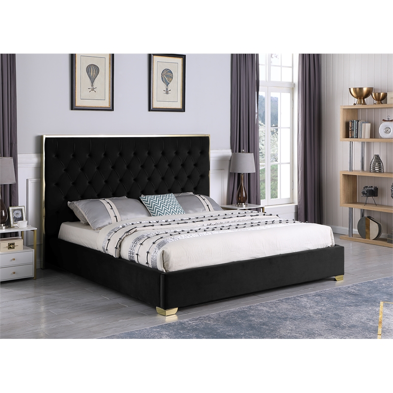 Kressa Velvet Fabric Tufted King Platform Bed in Black/Gold