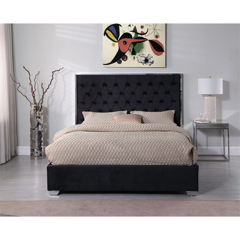 Kressa Velvet Fabric Tufted Queen Platform Bed in Black