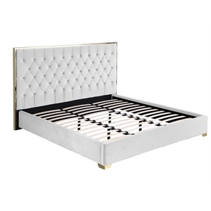 Kressa Velvet Fabric Tufted Cali King Platform Bed in Cream/Gold