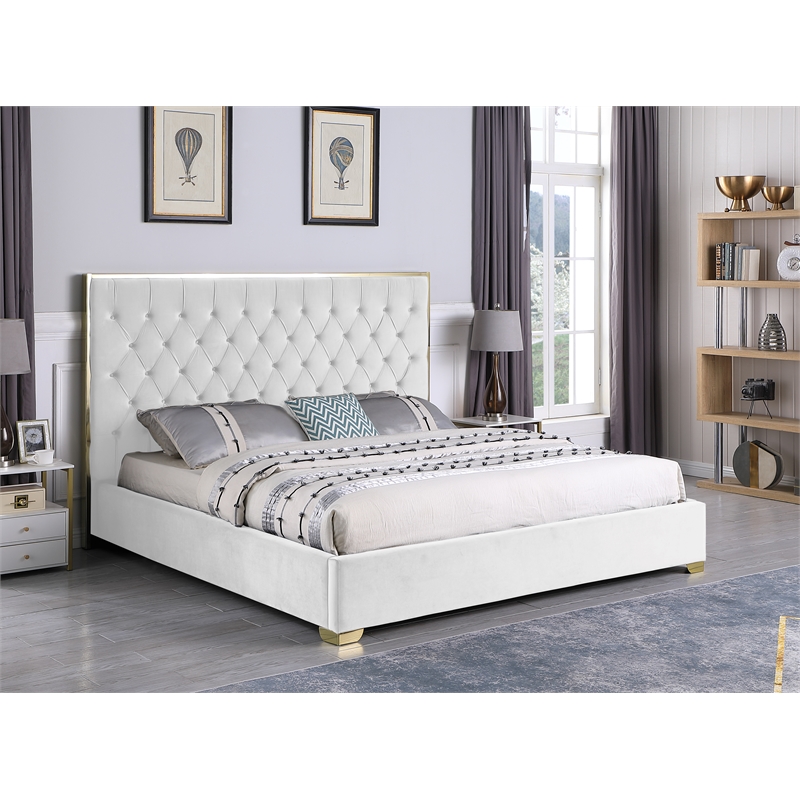Kressa Velvet Fabric Tufted Cali King Platform Bed in Cream/Gold