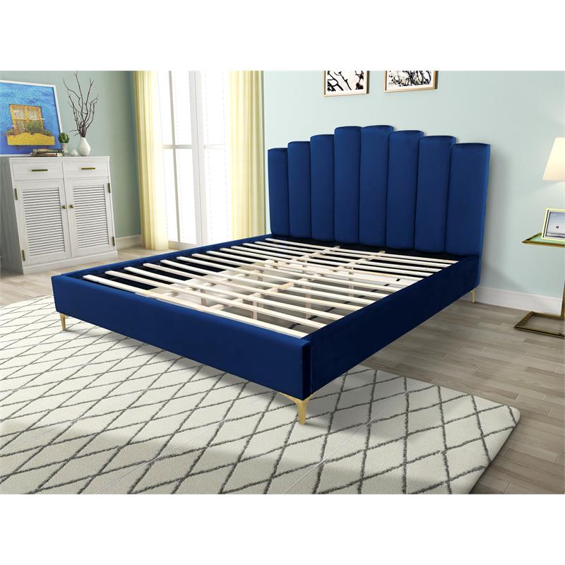 Sicily Velvet Fabric King Platform Bed in Blue